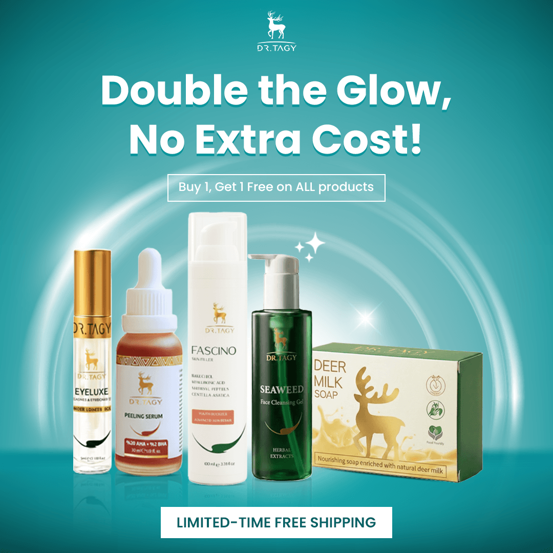 Skincare products teal background